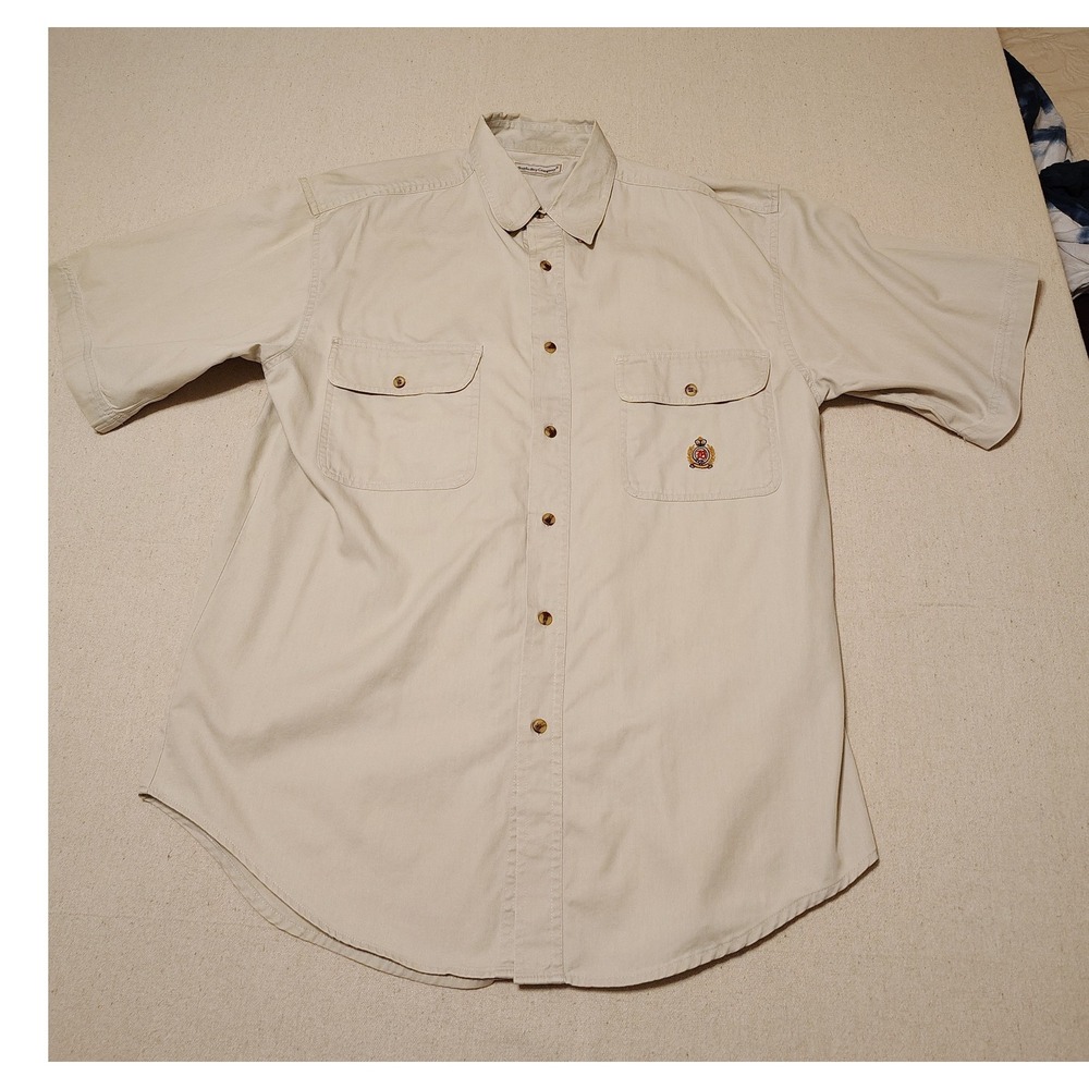 Bugle Boy Company Mens Short Sleeve Button Down Tan Shirt Embroidered Crest K